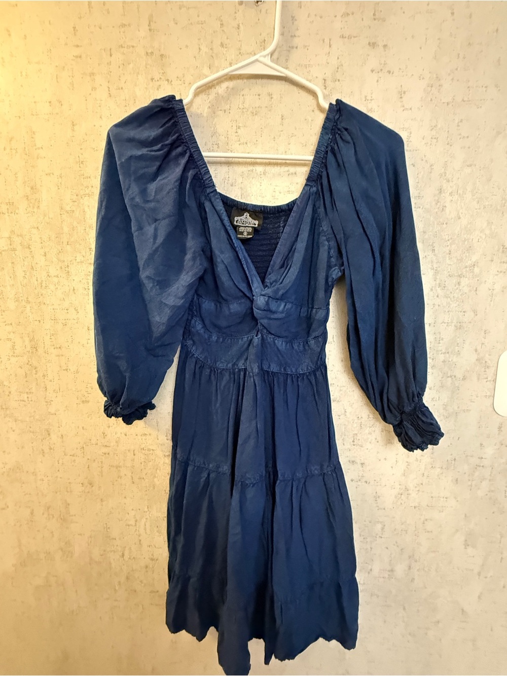Angie Navy Blue Puff-Sleeve Midi Dress